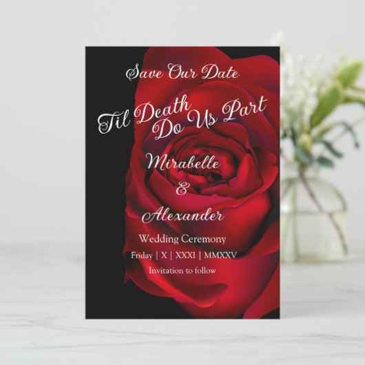 Gotisch Roos Bold Moody Donkerzwart Rood Bruiloft Save The Date (Staand voorkant)