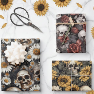 Gotisch schedels en bloemenpatroon inpakpapier vel