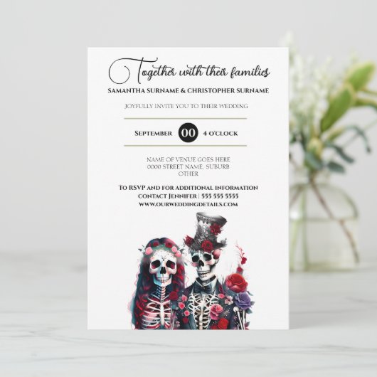 Gotisch skelet dode bruidegom rood wit kaart (Staand voorkant)