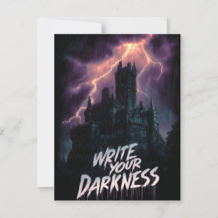 Gotisch spookkasteel onder onweer met tekst briefkaart
