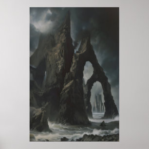 Gotisch zeelandschap met ruïnes Donkere landschaps Poster