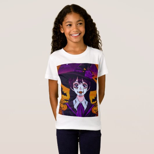 Gotische anime heks Halloween kunst T-shirt (Voorkant volledig)