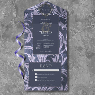 Gotische Antiek Paarse Damask Geen Diner Wedding All In One Uitnodiging