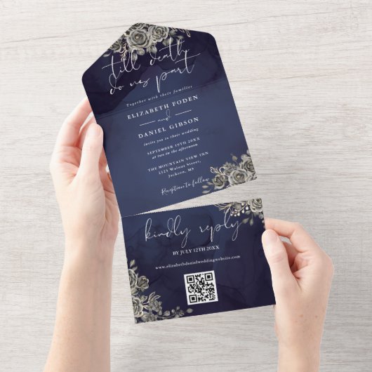 Gotische Bloemen Midnight Blue QR Code Bruiloft All In One Uitnodiging (Afscheurbaar)