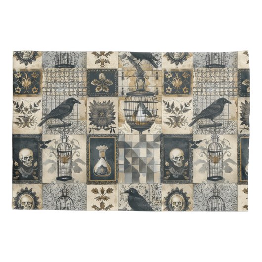 Gotische Bloemen Schedel en Raven Patroon Kussensloop (Achterkant)