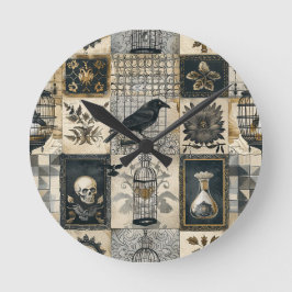 Gotische Bloemen Schedel en Raven Patroon Ronde Klok
