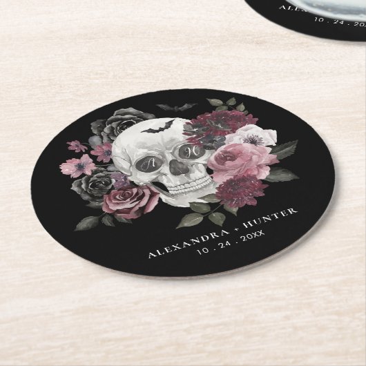 Gotische Bloemen Waterverf Schedel Bruiloft Monogr Ronde Kartonnen Onderzetter (Gebogen)
