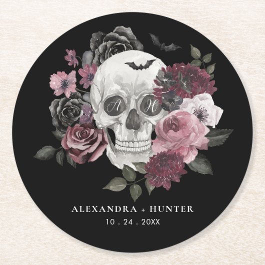 Gotische Bloemen Waterverf Schedel Bruiloft Monogr Ronde Kartonnen Onderzetter (Voorkant)