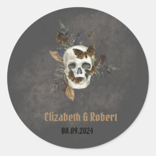 Gotische bloemenskelet vlinders bruiloft ronde sticker