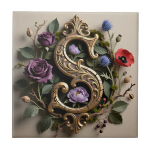 Gotische bloemrijke antieke gouden letter S Tegeltje