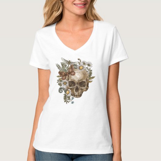 Gotische bloemschedel en vlinders t-shirt (Voorkant)