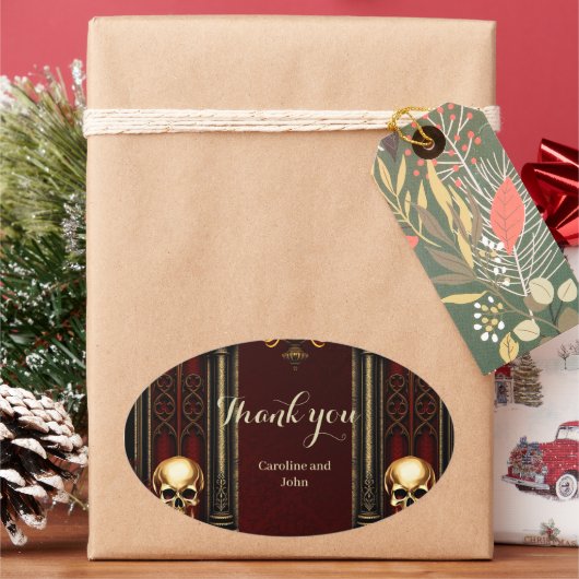 Gotische boog met schedels ovale sticker (Feestdagen)