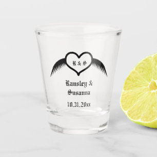 Gotische bruiloft gevleugeld hart Custom Monogramm Shot Glas