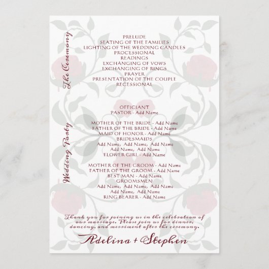 Gotische bruiloft Rode rozen Moody Order of Servic Programma (Achterkant)