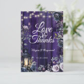 Gotische bruiloft rustiek Paarse hout dank u kaart (Staand voorkant)