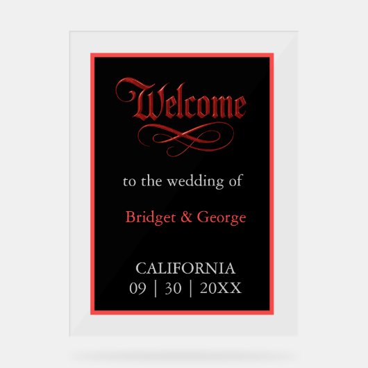 Gotische bruiloft welkom Red Metallic Script Acryl Bord (Voorkant)