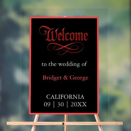 Gotische bruiloft welkom Red Metallic Script Acryl Bord (Neutraal)