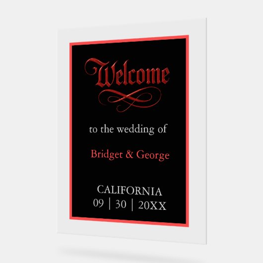 Gotische bruiloft welkom Red Metallic Script Acryl Bord (Hoek)