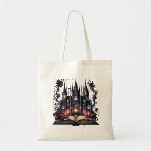 Gotische Canvas tas met Open Boek, Kasteel & Rozen (Voorkant)