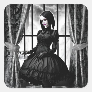 Gotische Dame in Zwart Jurk Spooky Halloween Vierkante Sticker