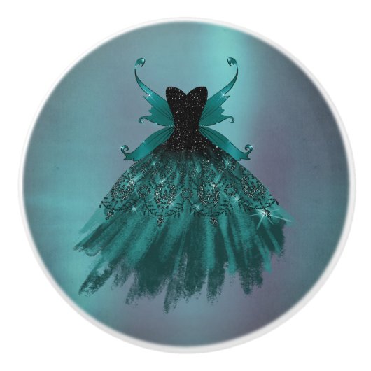 Gotische Fairy Blauwgroen jurk | Deep Midnight Gre Keramische Knop (Voorkant)