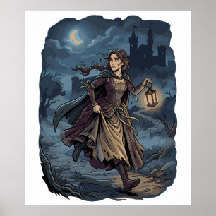 Gotische Fantasy Middeleeuws Meisje Lantaarn Kaste Poster