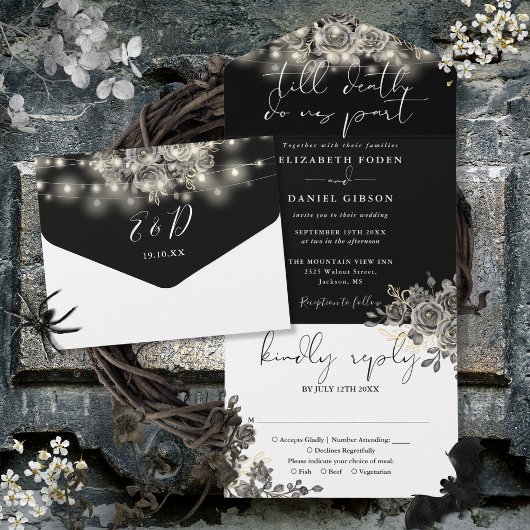 Gotische gouden en witte bloemenslingerlichtjes br all in one uitnodiging