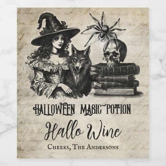 Gotische Halloween heks schedel spin wolf Wijn Etiket (Enkel label)