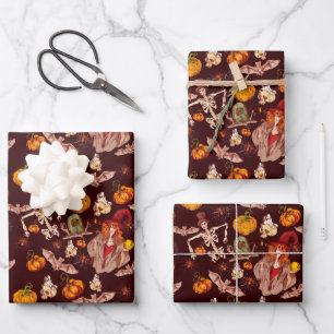 Gotische Halloween Heksen Skeletten Patroon Inpakpapier Vel