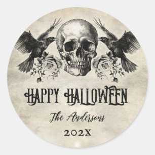 Gotische Halloween schedel kaars vleermuis raven z Ronde Sticker
