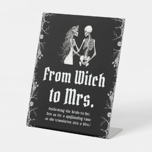 Gotische Halloween Skelet Van Heks Naar Mevrouw Bo Reclamebord Met Voetstuk
