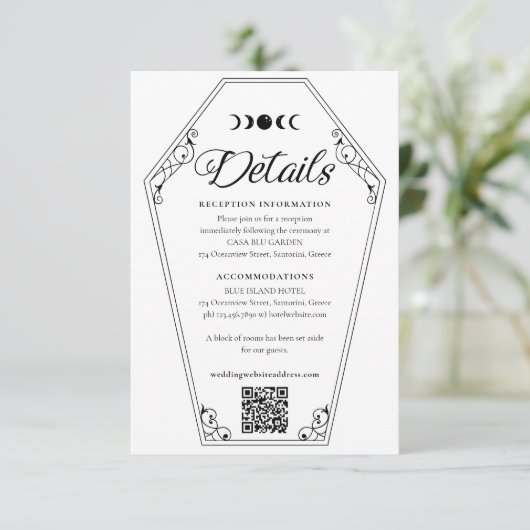 Gotische Halloween Trouwkist & Bloemenschedel Informatiekaartje (Staand voorkant)