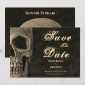 Gotische halve schedel hoofd  sepia Save the Date Aankondiging (Voorkant / Achterkant)