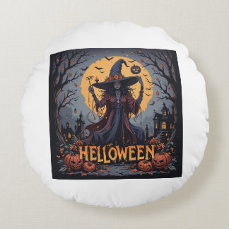 Gotische heks onder de volle maan - Halloween Rond Kussen