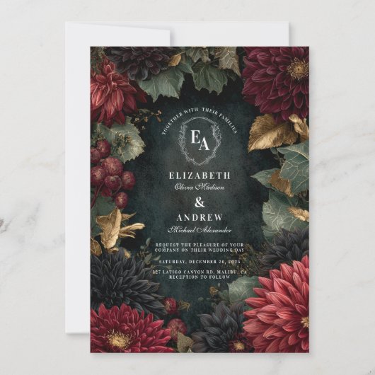 Gotische Herfst Dahlia huwelijksuitnodiging Kaart (Voorkant)