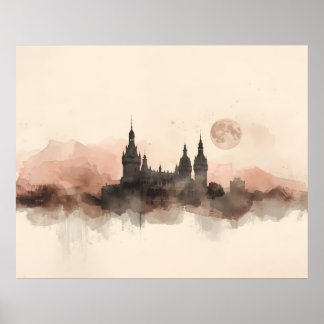 Gotische kasteel silhouet maanverlichte aquarel ku poster