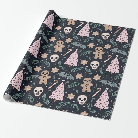 Gotische kerst schedel en peperkoek man cadeaupapier (Uitgerold)