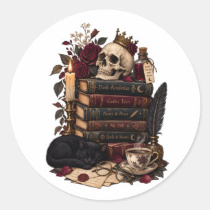 Gotische Lezer Literaire Boekenwurm Schedel & Roze Ronde Sticker