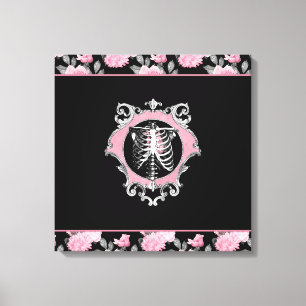 Gotische Liefde Roze en Zwart Skelet Hart Bloeme Canvas Afdruk