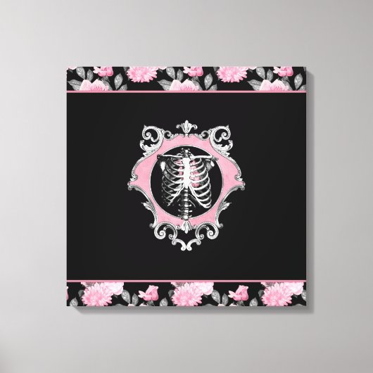 Gotische Liefde | Roze en Zwart Skelet Hart Bloeme Canvas Afdruk (Voorkant)