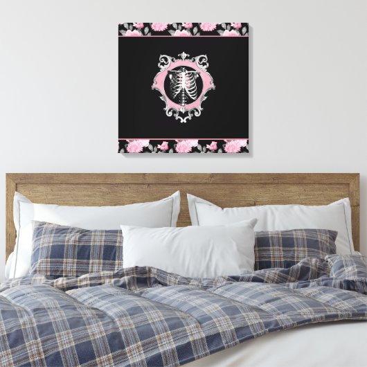 Gotische Liefde | Roze en Zwart Skelet Hart Bloeme Canvas Afdruk (Insitu (Slaapkamer))