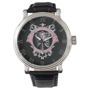 Gotische Liefde   Roze en Zwart Skelet Hart Bloeme Horloge