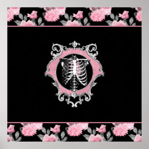 Gotische Liefde Roze en Zwart Skelet Hart Bloeme Poster
