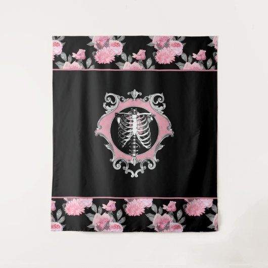 Gotische Liefde | Roze en Zwart Skelet Hart Bloeme Wandkleed (Voorkant)