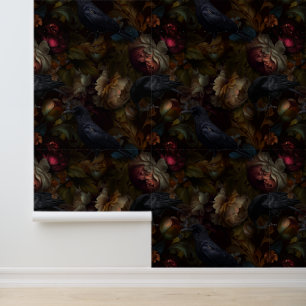 Gotische Moody bloemen en kraaien Behang