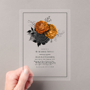 Gotische oranje en zwarte bloemenoefening diner acryl uitnodigingen