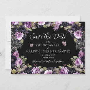 Gotische Paarse & zwarte Moody Bloemen Quinceañera Save The Date