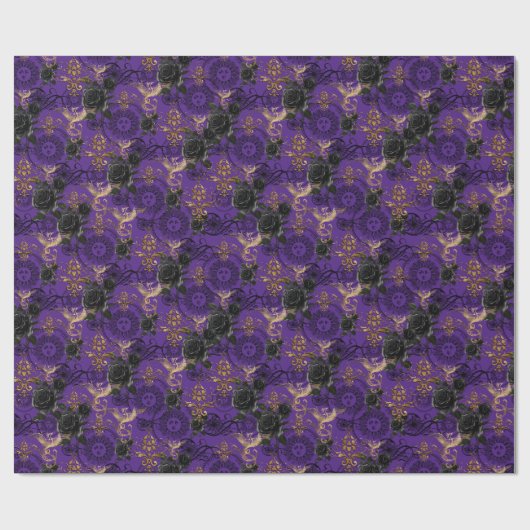 Gotische Phoenix en Rozen Paarse Patroon Cadeaupapier (Vlak)