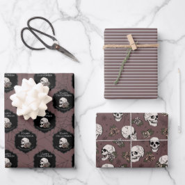 Gotische Plum Paarse schedels en strepen Halloween Inpakpapier Vel