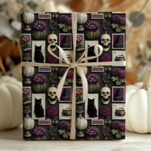 Gotische Postzegel Schedels Katten Pompoenen & Blo Cadeaupapier